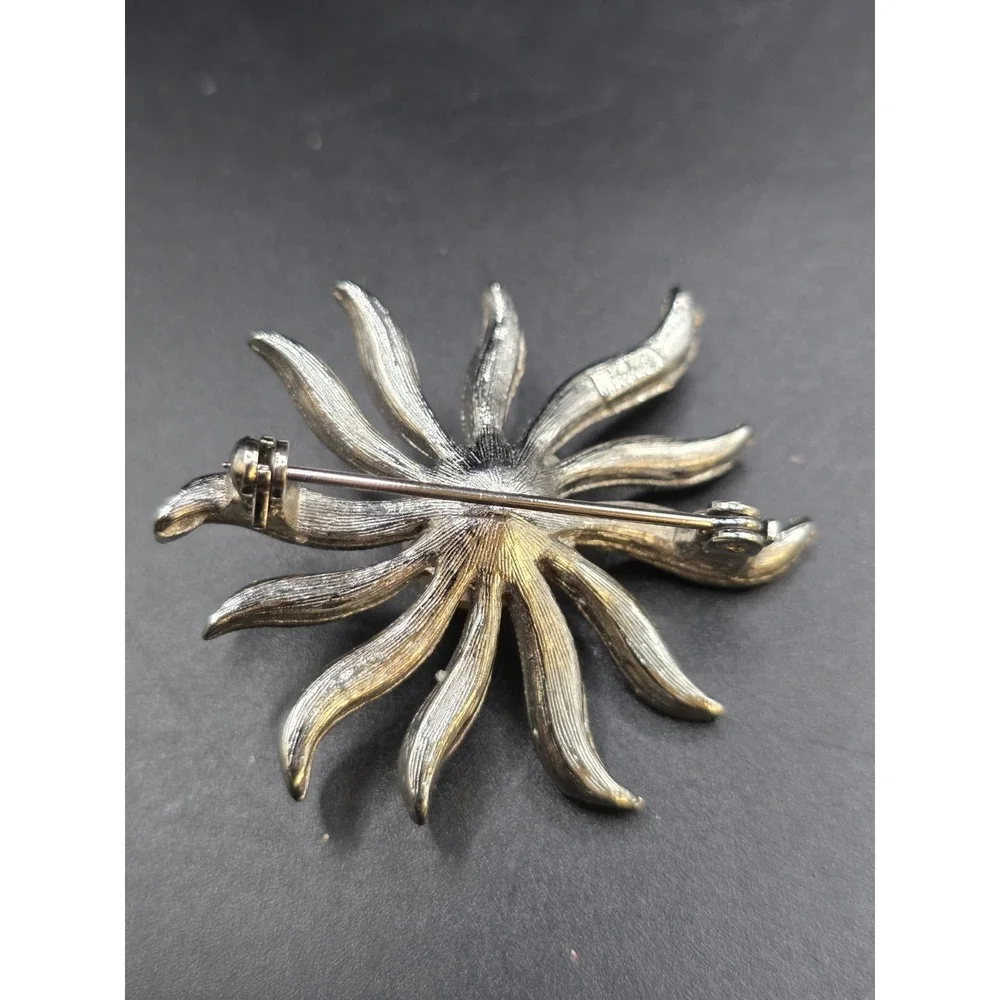 Gorgeous Vintage Signed Hobe Rhinestone Faux Pearl Sunburst Flower Pin Brooch